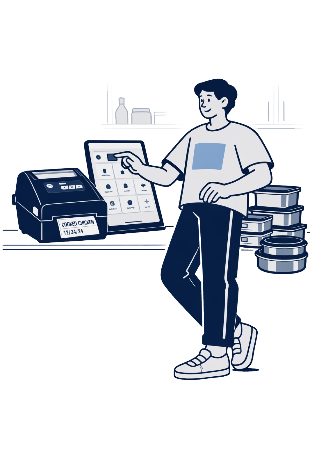 A cook using a PrepLabels printer beside a stack of labelled containers