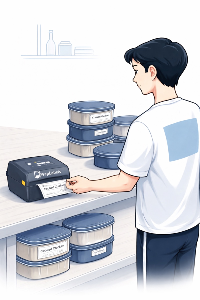 A cook taking a printed label from the PrepLabels printer