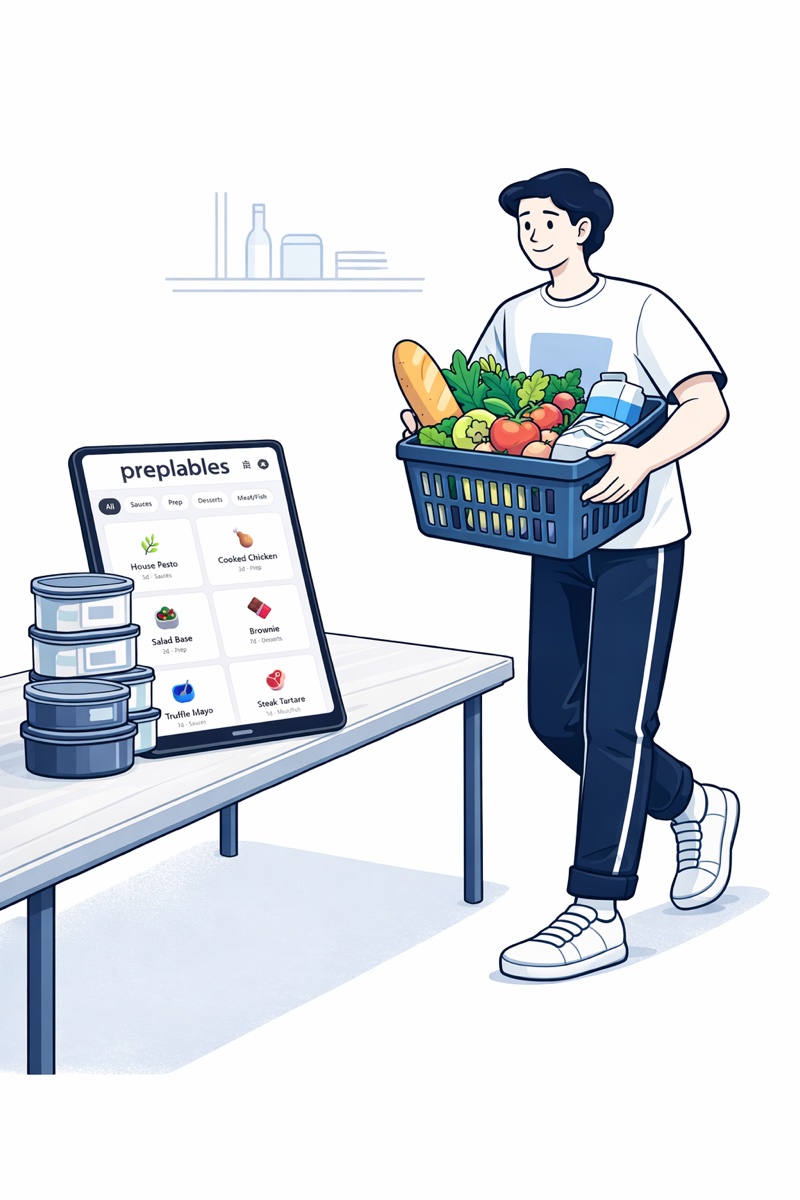 A cook entering product details on a tablet beside a crate of vegetables