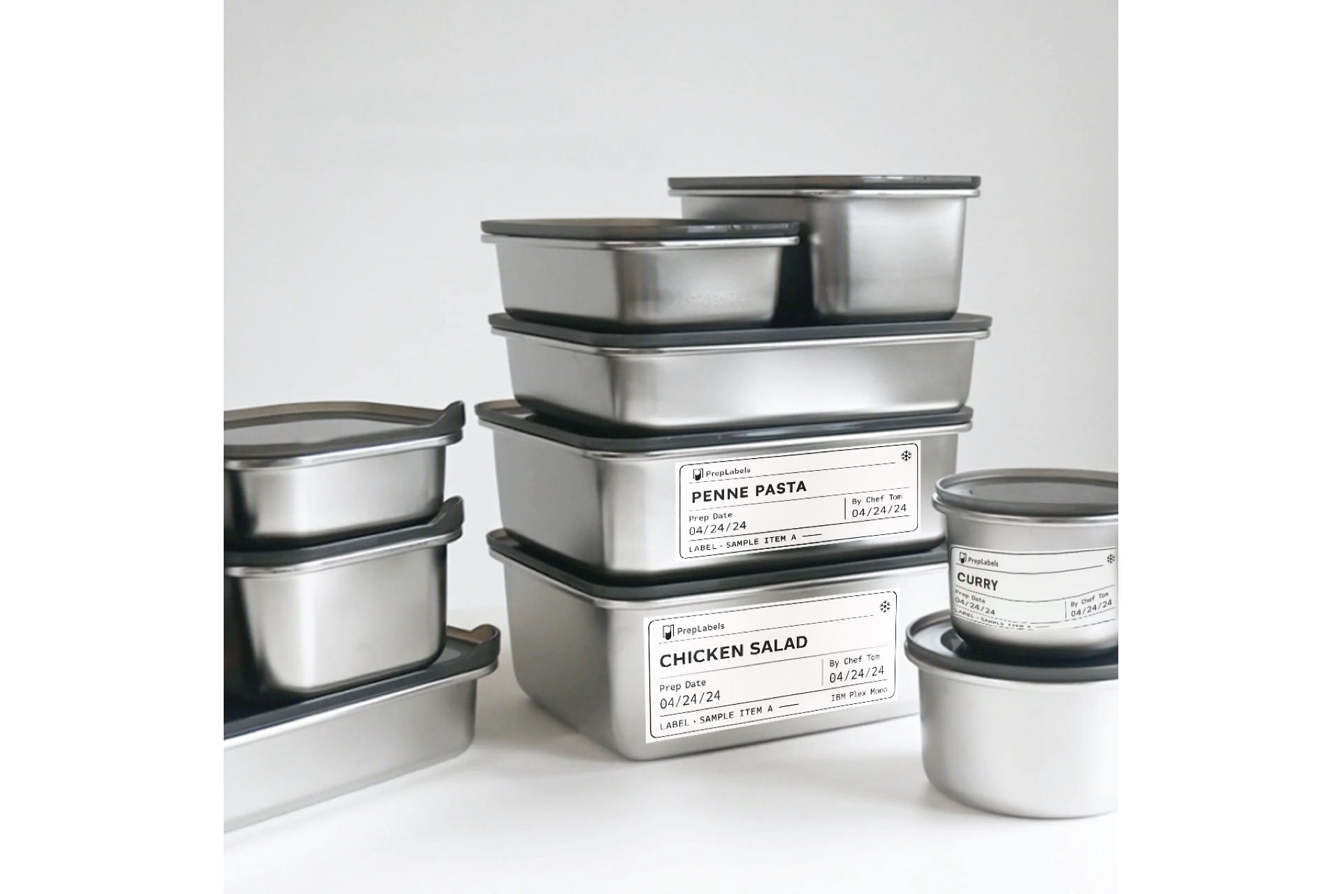 Stacked containers with printed PrepLabels labels