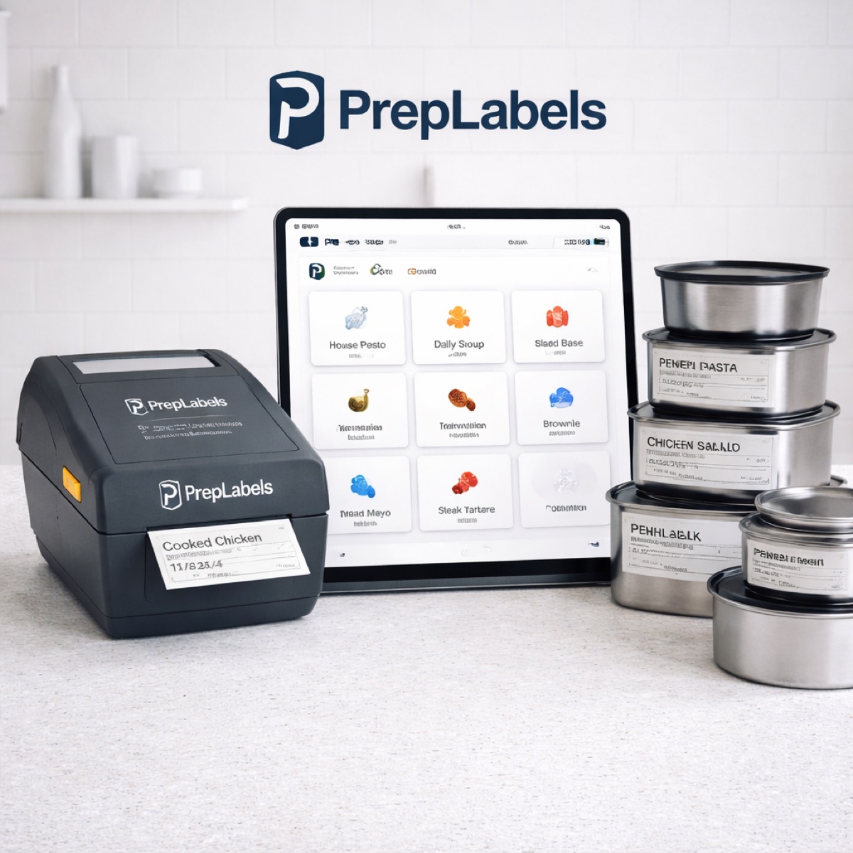 A PrepLabels printer and tablet beside stacked, labelled containers